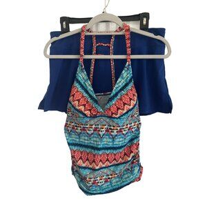 Jantzen Blue & Orange Print Tankini, Solid Blue Bottom, Size 10